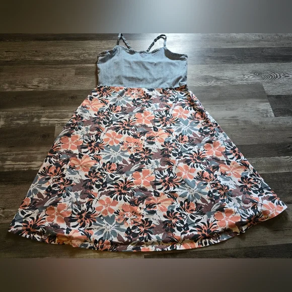 Pact Lake Blossoms/Lake Stripe Fit & Flare Strappy Dress XL - Picture 2 of 11